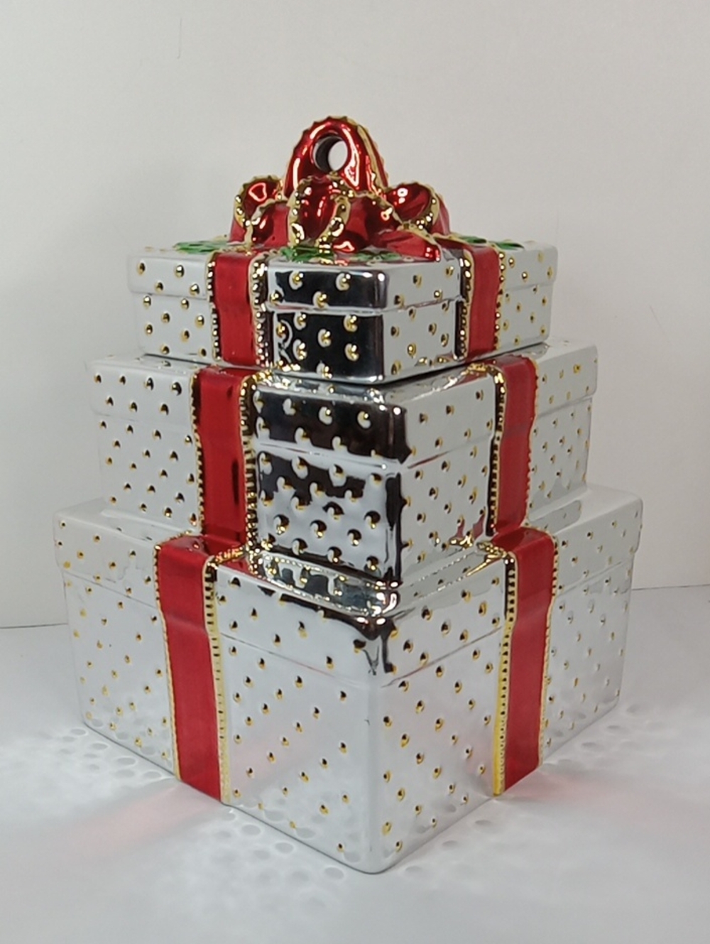 Metallic Red Ribbon Cermaic 3-tier Lidded Cookie Jar Burton & Burton